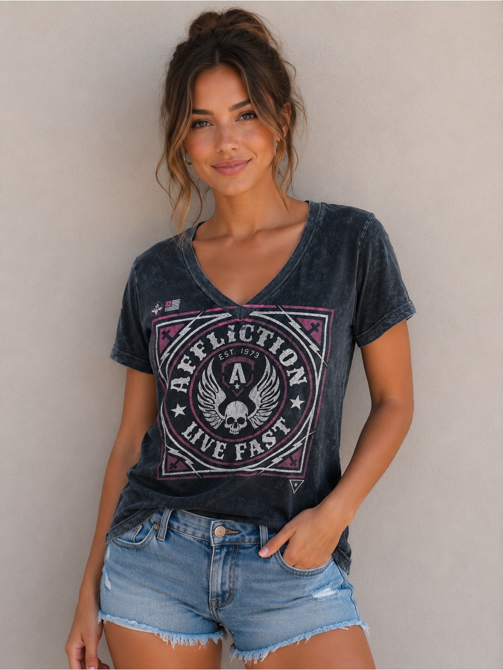 Affliction Washed Black V-Neck 'Live Fast' Graphic Tee with Pink Accents
